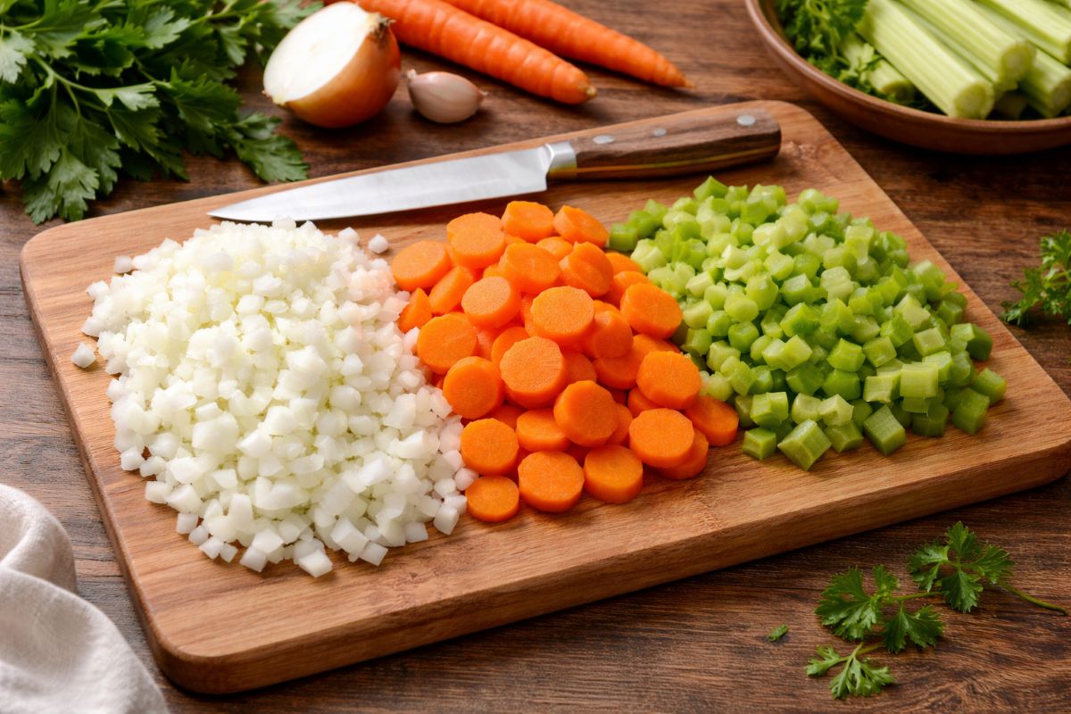 Planche mirepoix : oignon, carottes, céleri