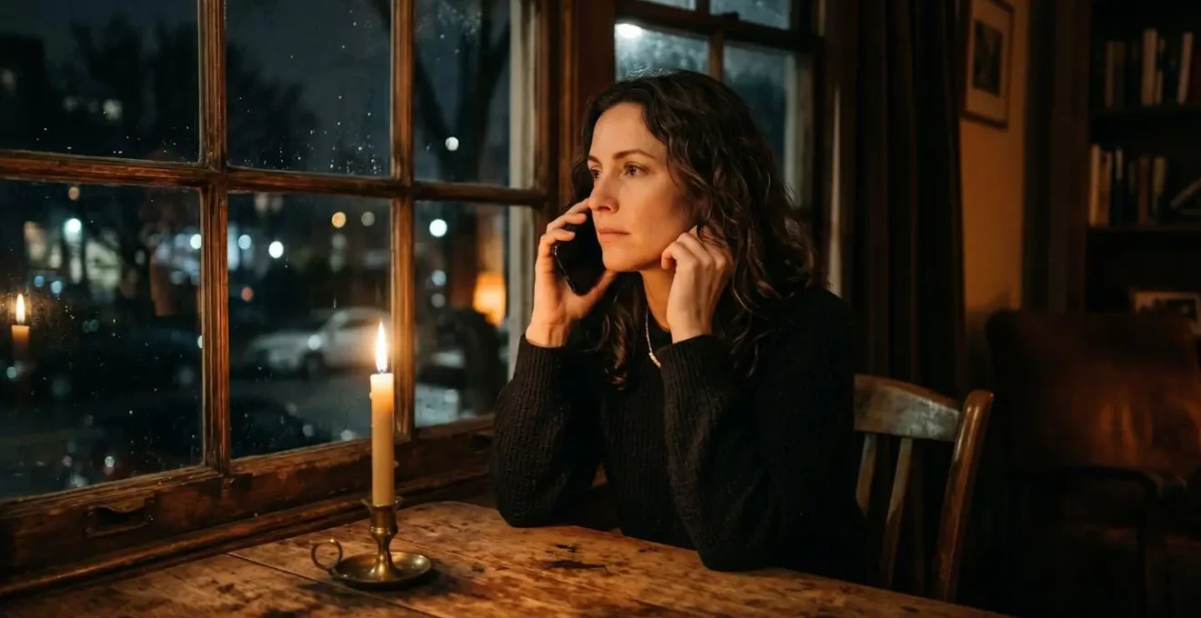 Femme assise près d'une fenêtre la nuit, téléphone à l'oreille, regardant des bougies allumées sur une table
