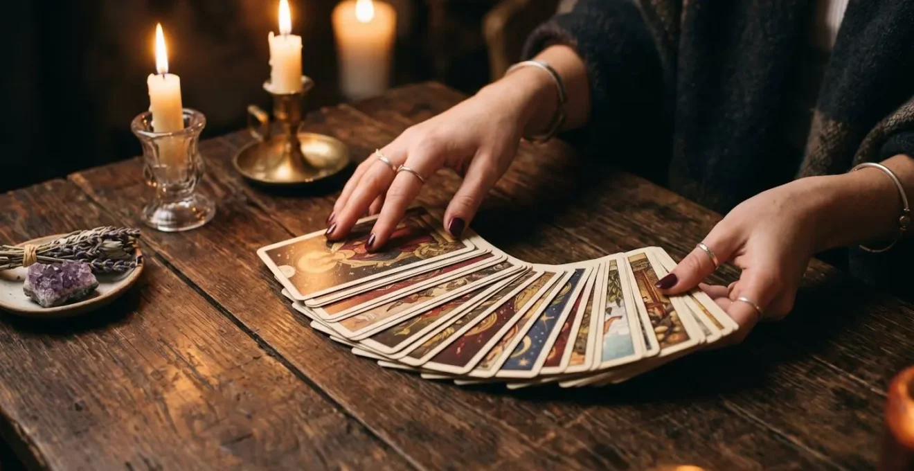 Deux mains étalant des cartes de tarot sur une table en bois sombre, éclairage tamisé à la bougie
